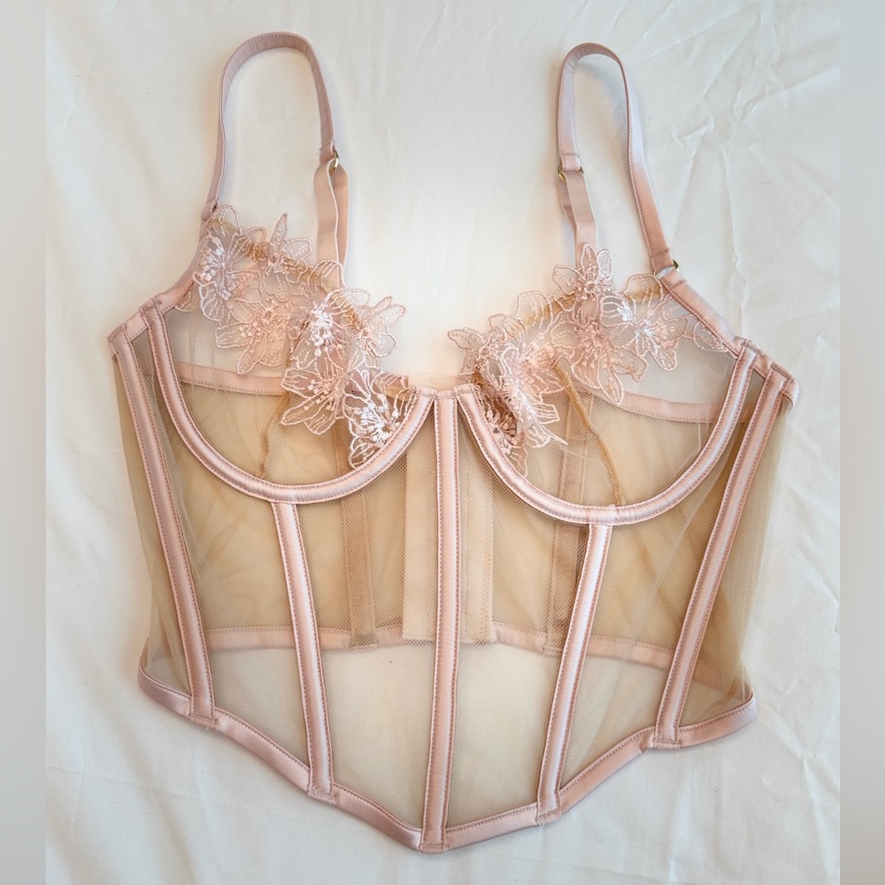 Incanto Sheer Floral Lace Longline Bustier Corset - Blush Pink NWOT